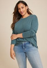 Plus Size 24/7 Clara Long Sleeve Ribbed Tee, GREEN, small