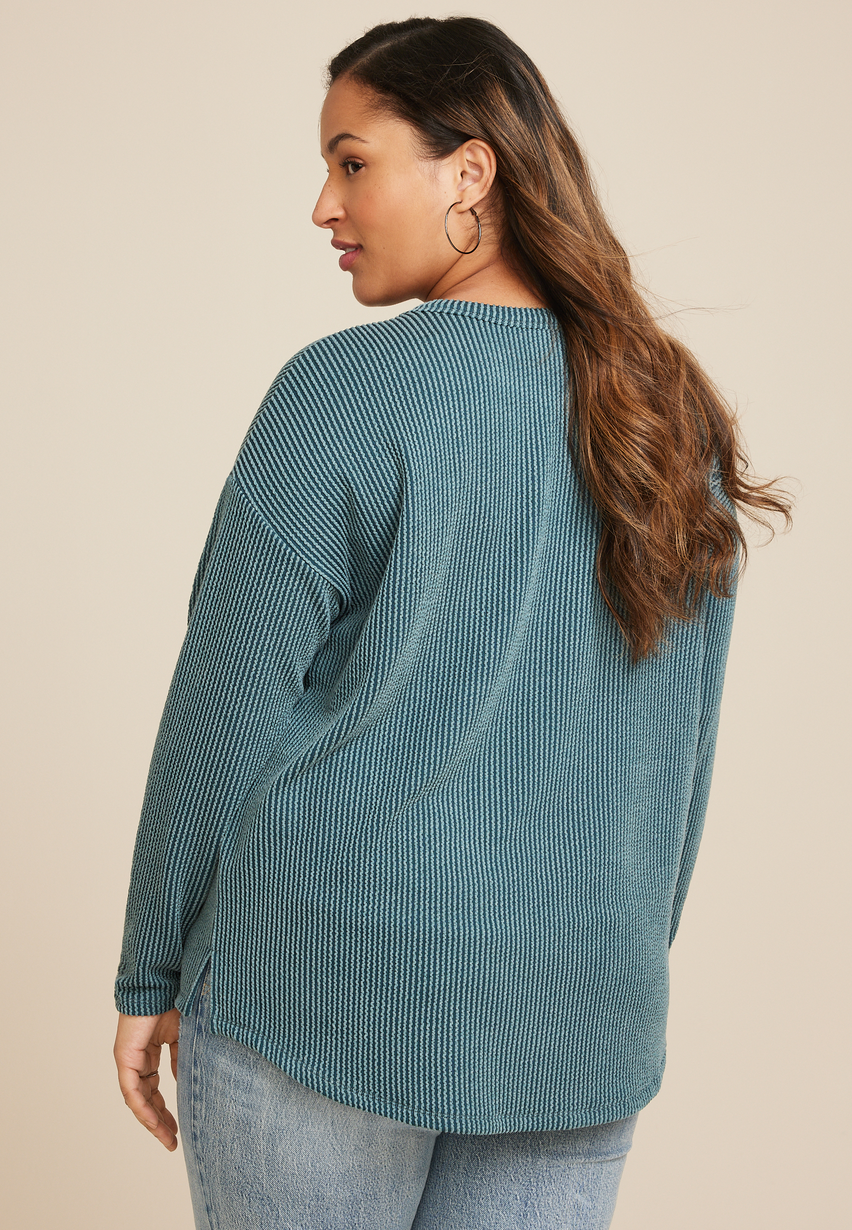 Plus Size 24/7 Clara Long Sleeve Ribbed Tee, GREEN, large