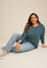 Plus Size 24/7 Clara Long Sleeve Ribbed Tee, GREEN, small
