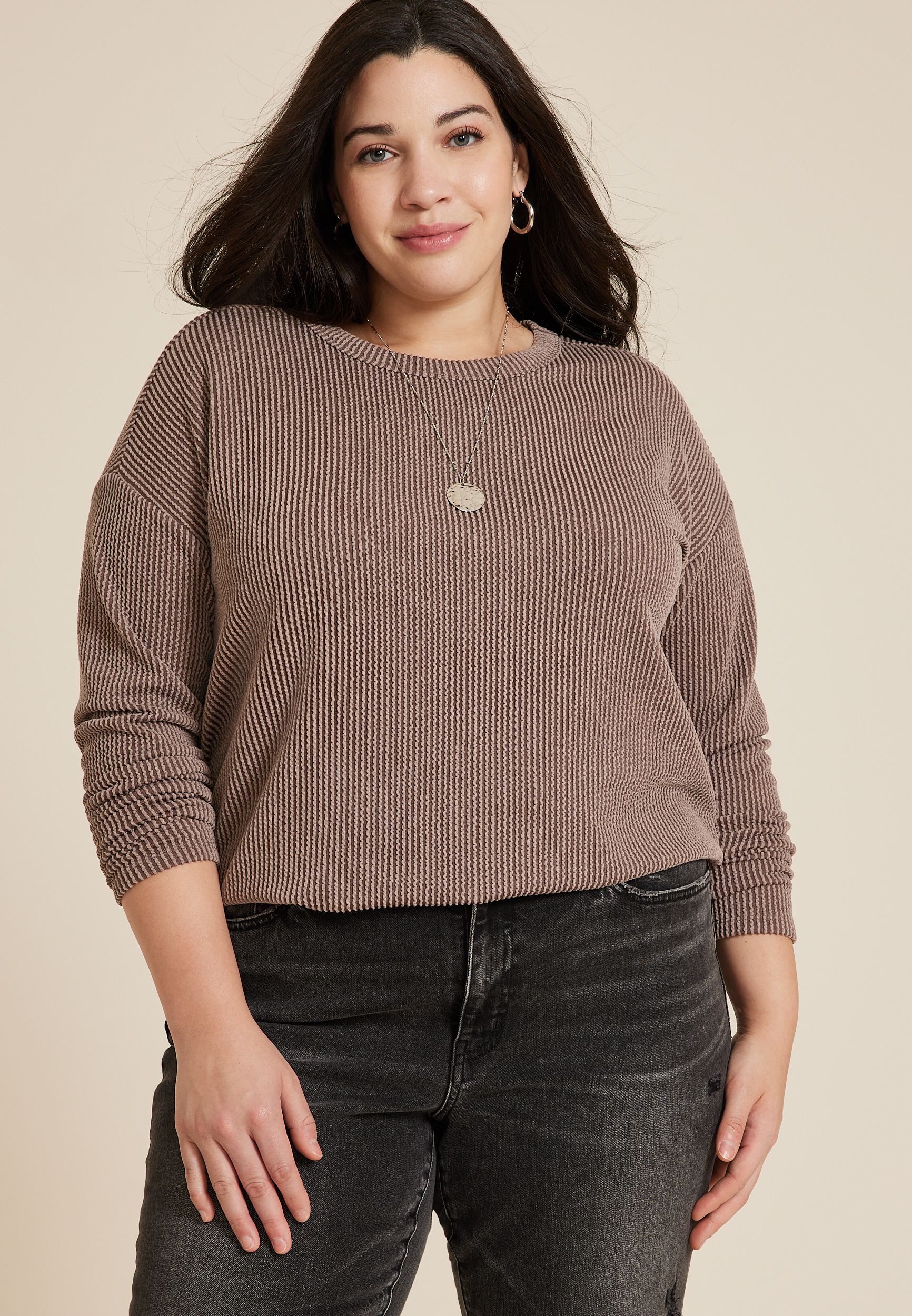 Maurices 1X Plus Size Women's 24/7 Clara Long Sleeve Ribbed Tee Brown