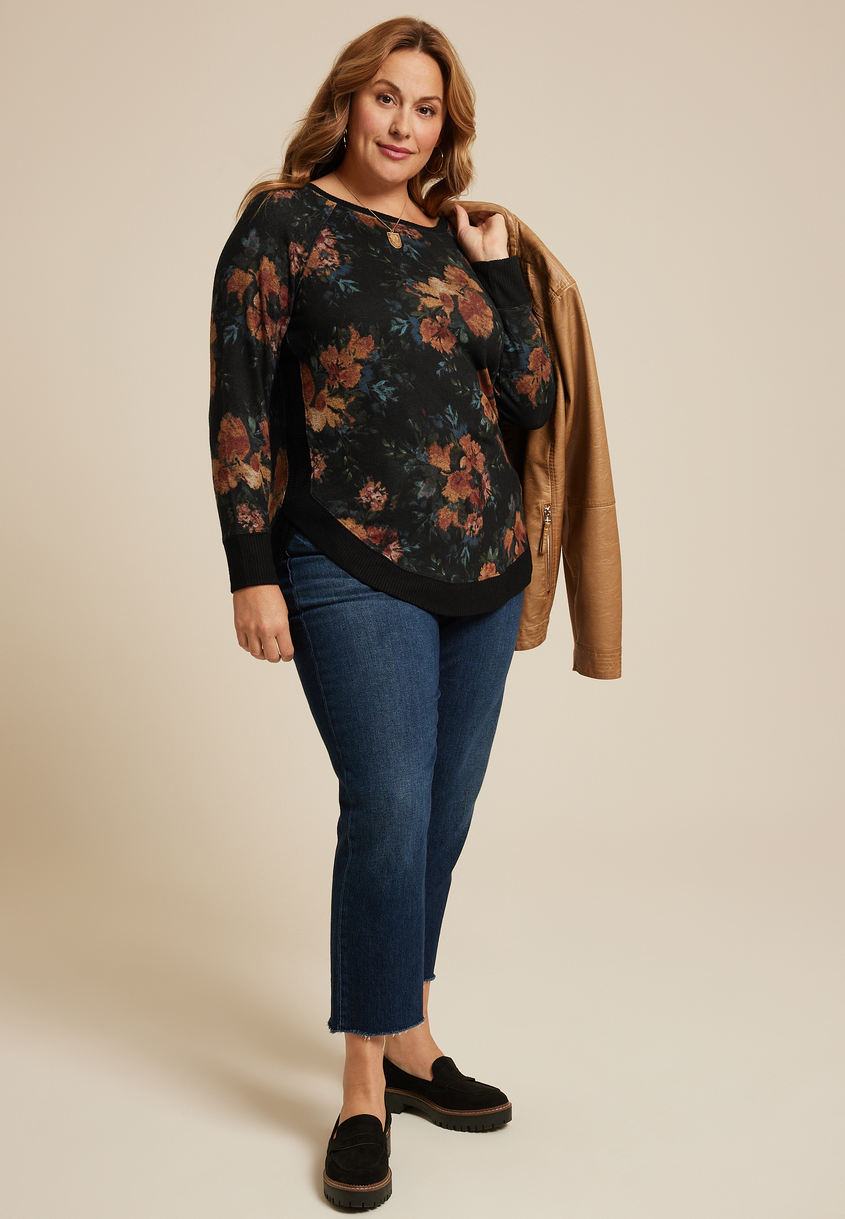 Plus Size Haven Round Hem Floral Tunic, BLACK COMBO, large