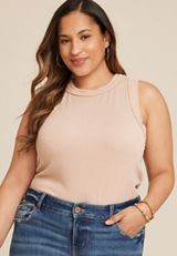 Plus Size 24/7 Wavy Ribbed High Neck Tank Top, OATMEAL, small