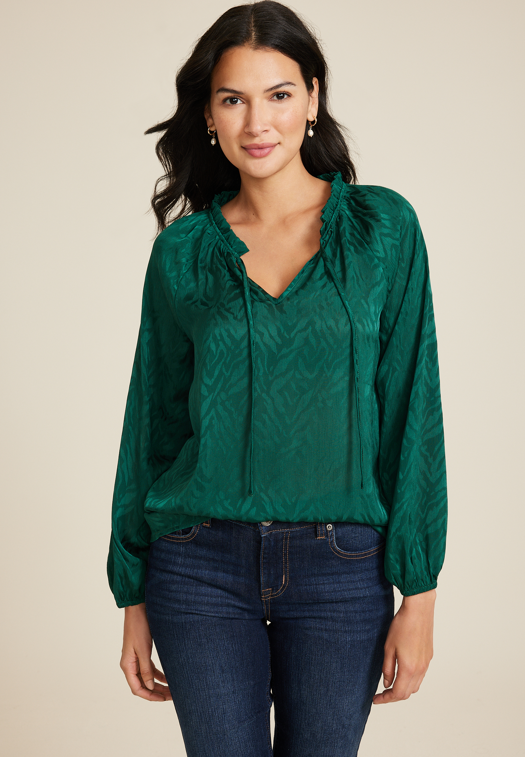TIE FRONT BLOUSON SLEEVE LAYER MIDNIGHT IN MONSERRATE