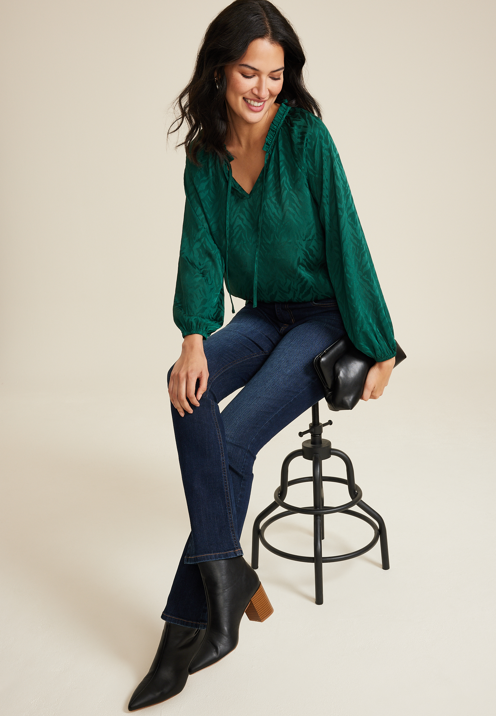 Satin Jacquard Tie Front Blouse