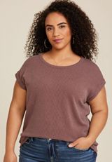 Plus Size 24/7 Clara Short Sleeve Wavy Ribbed Tee, CHOCOLATE, small