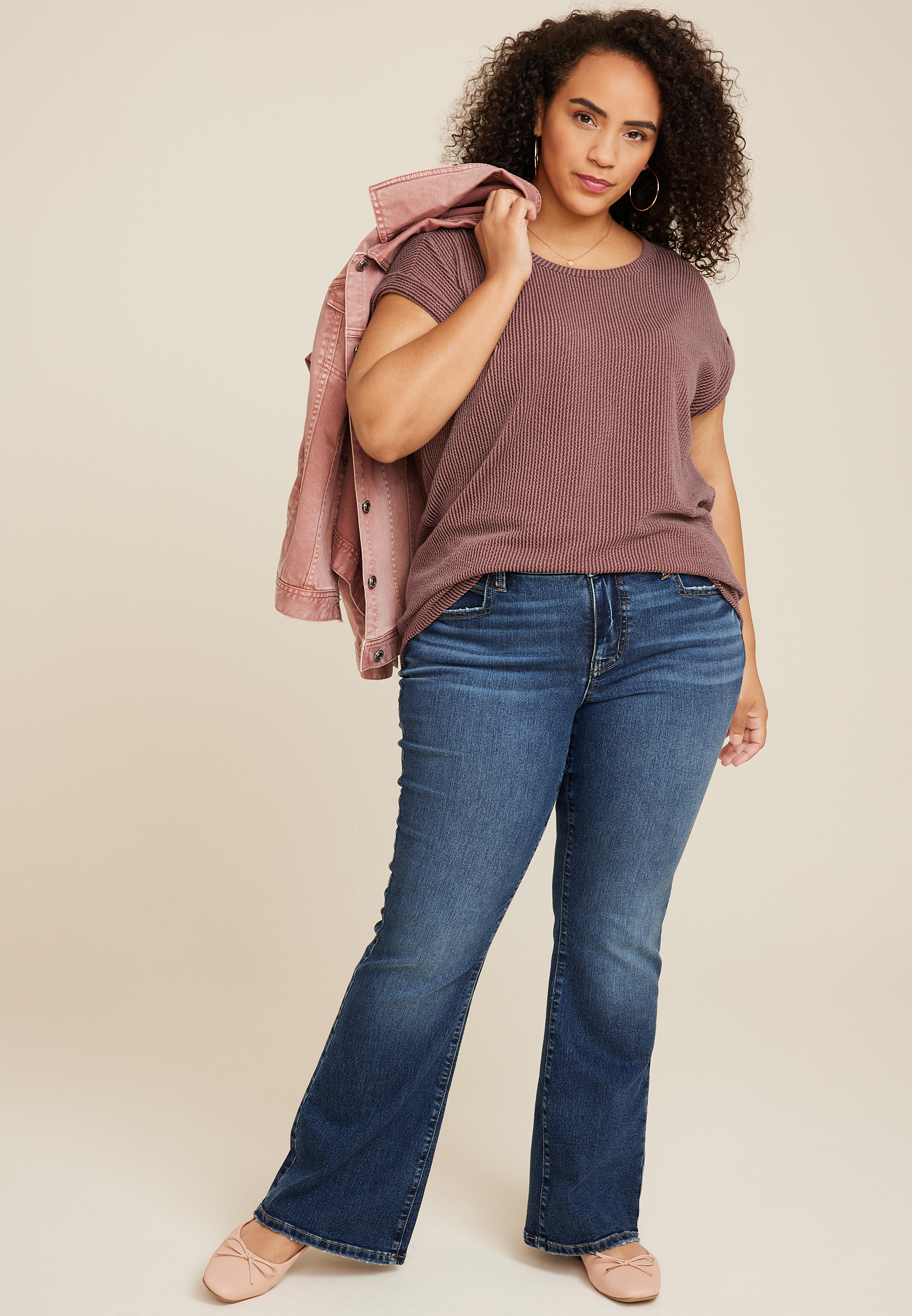 Plus Size 24/7 Clara Short Sleeve Wavy Ribbed Tee, CHOCOLATE, large