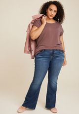 Plus Size 24/7 Clara Short Sleeve Wavy Ribbed Tee, CHOCOLATE, small