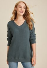 Waffle Knit V Neck Tunic, C4309, small
