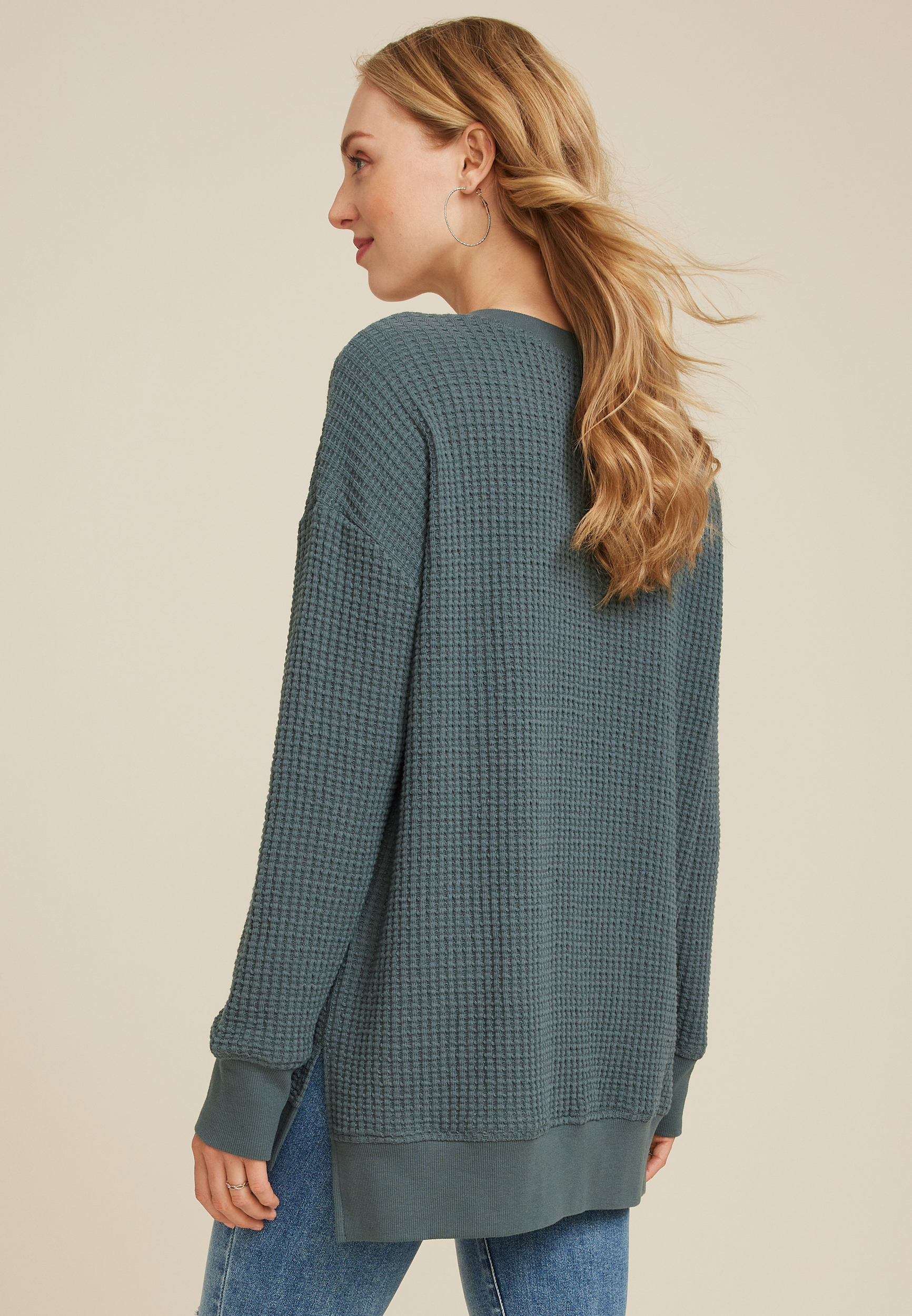 Waffle Knit V Neck Tunic, C4309, large