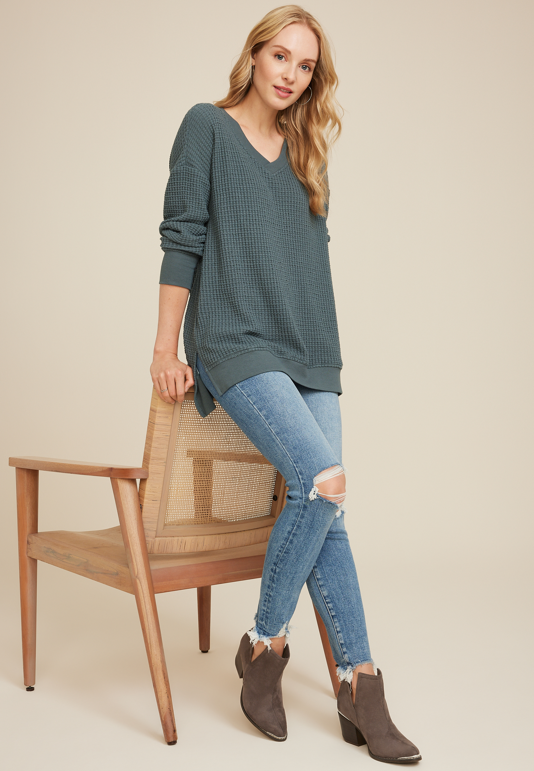 Waffle Knit V Neck Tunic, C4309, large