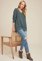 Waffle Knit V Neck Tunic, C4309, small