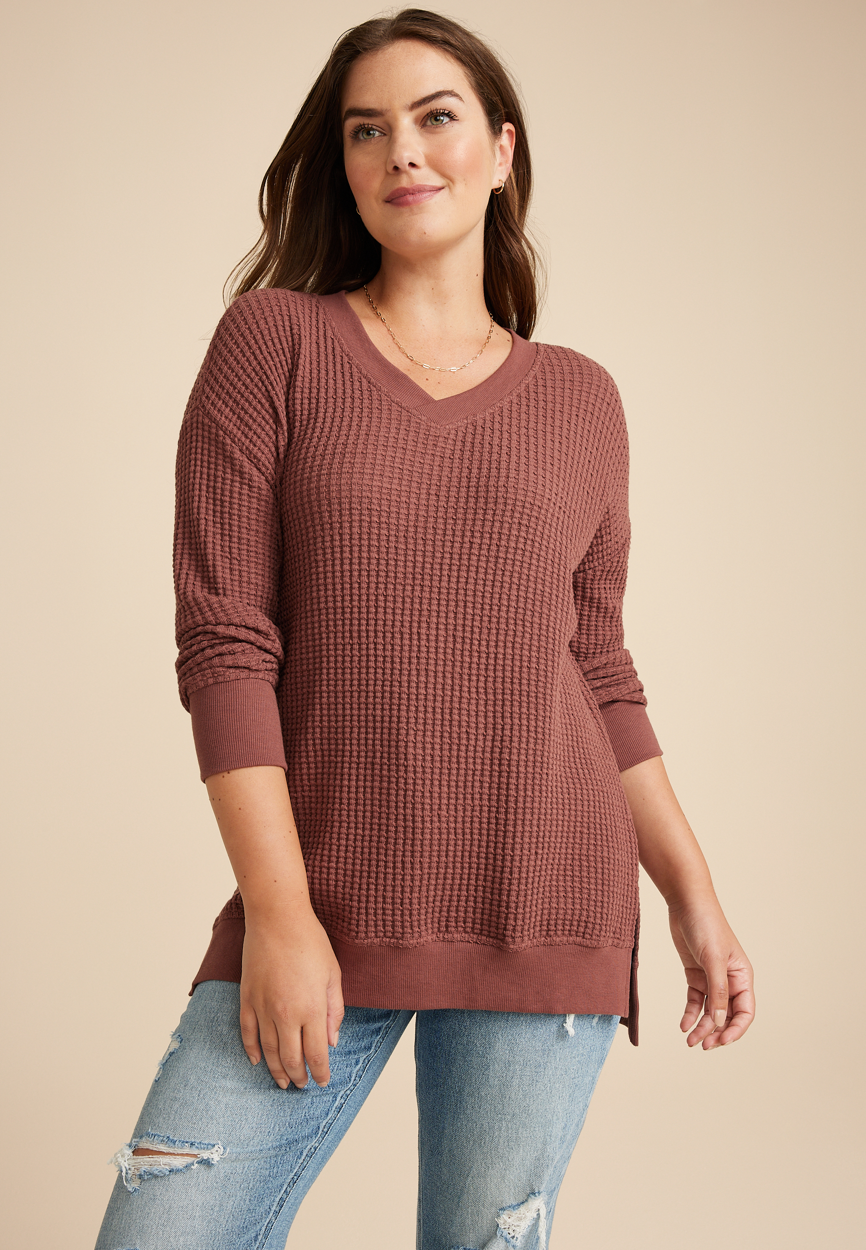 Waffle Knit V Neck Tunic