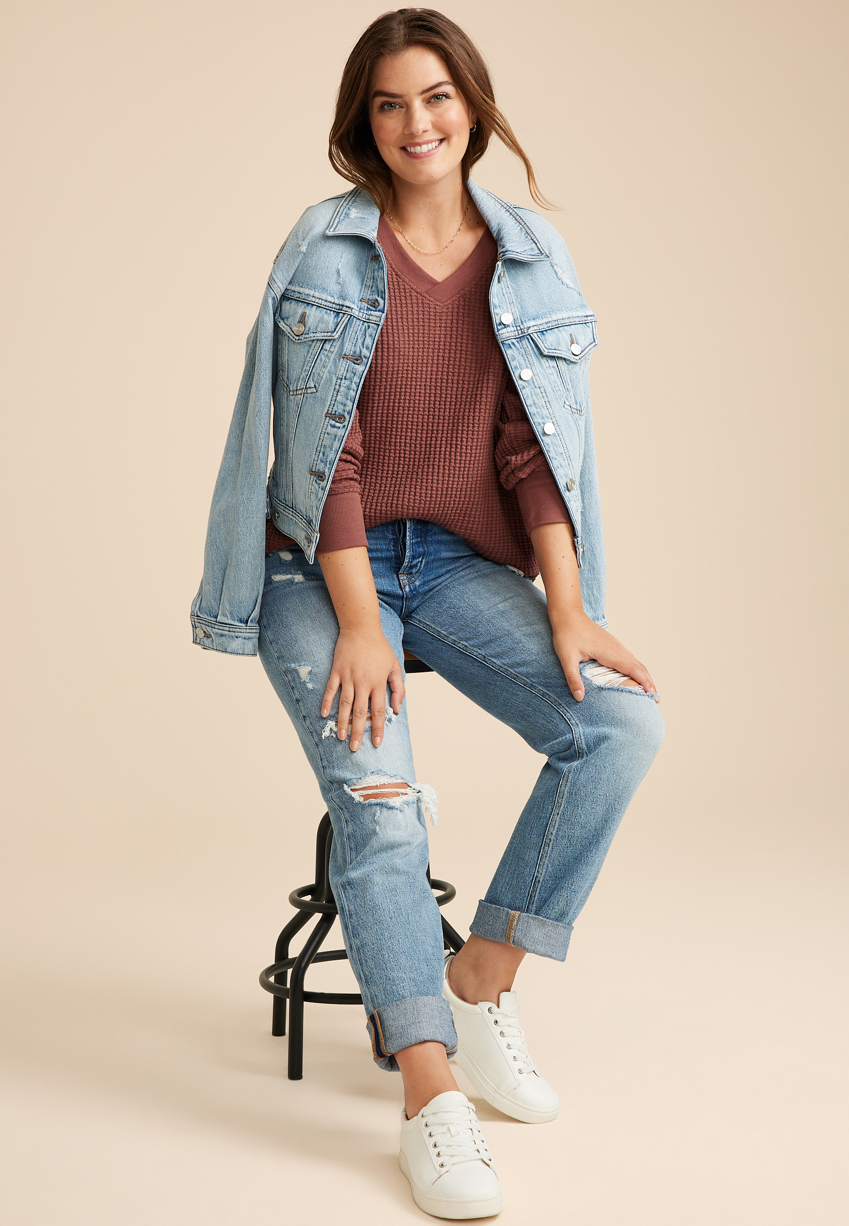 Waffle Knit V Neck Tunic