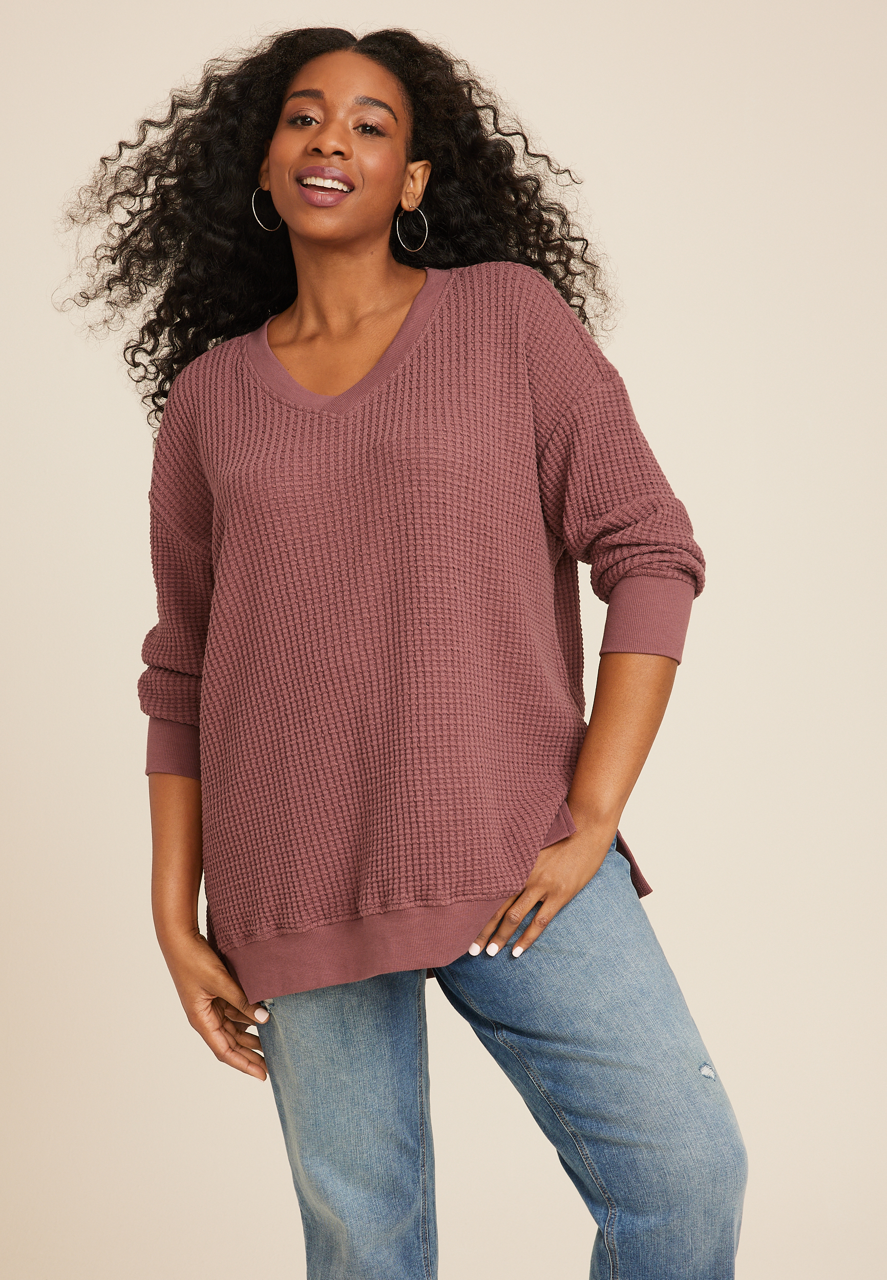 Plus Waffle Knit V Neck Tunic