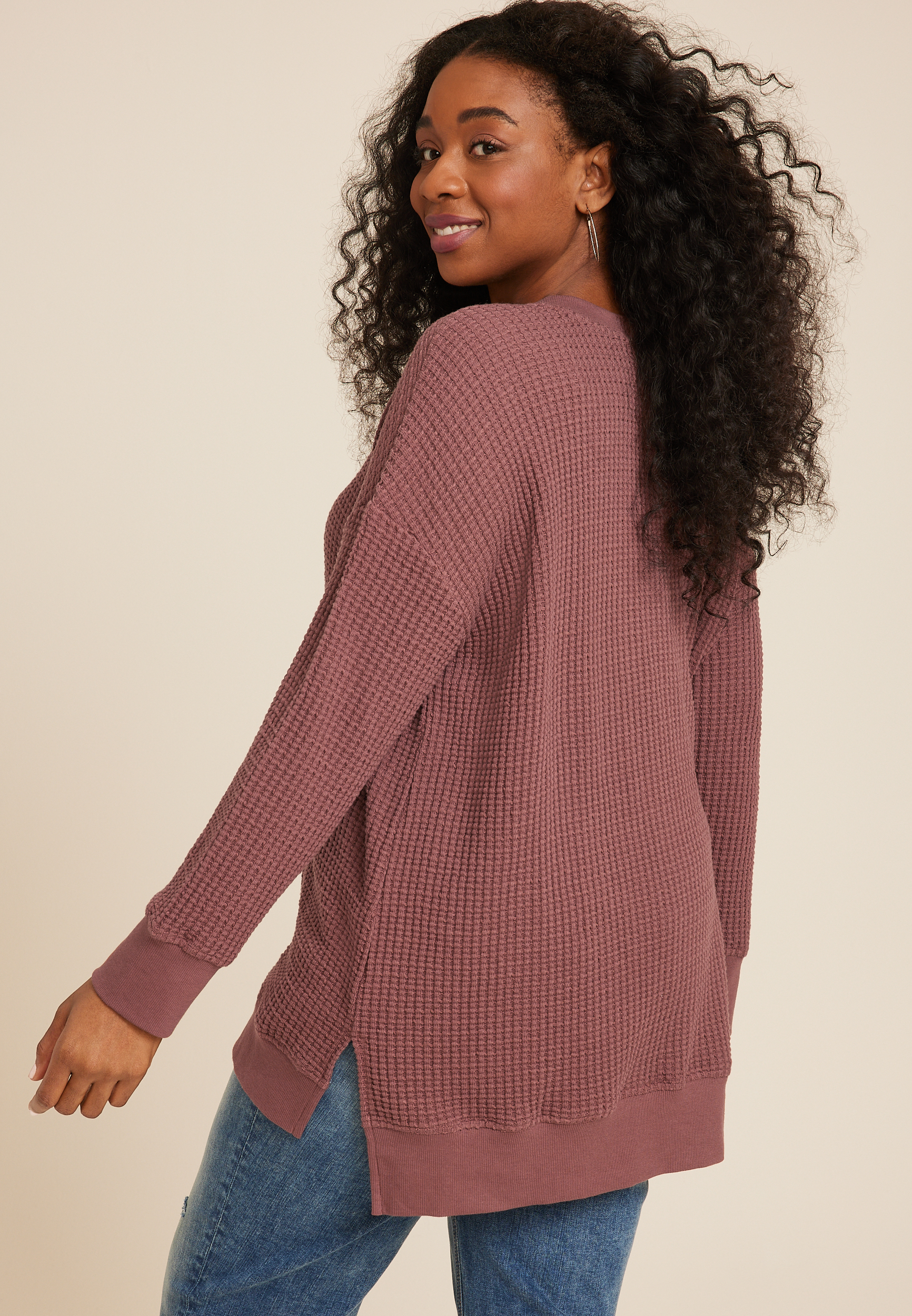 Plus Waffle Knit V Neck Tunic