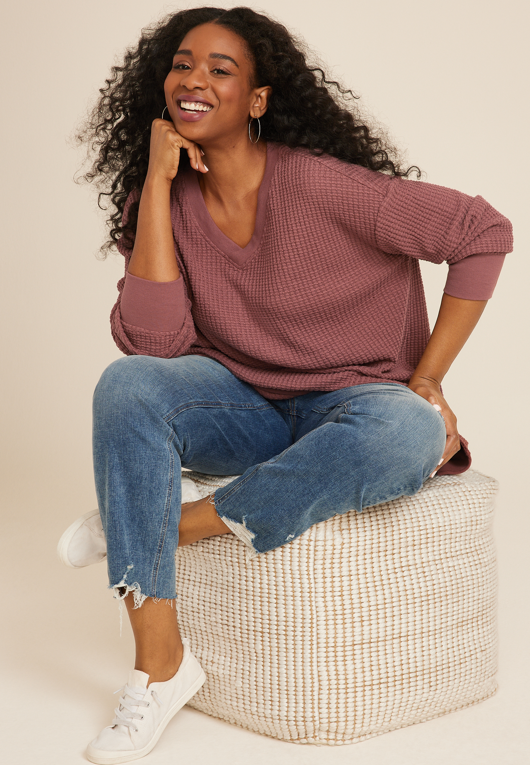 Plus Waffle Knit V Neck Tunic