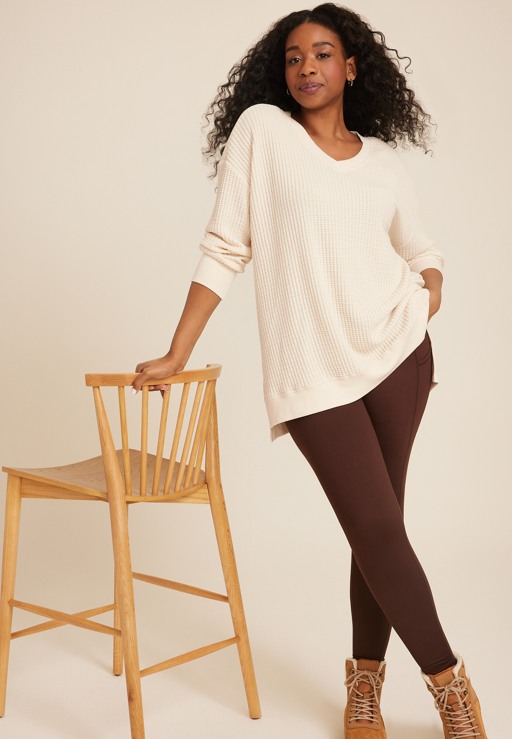 Plus Size Waffle Knit V Neck Tunic, C9747, large