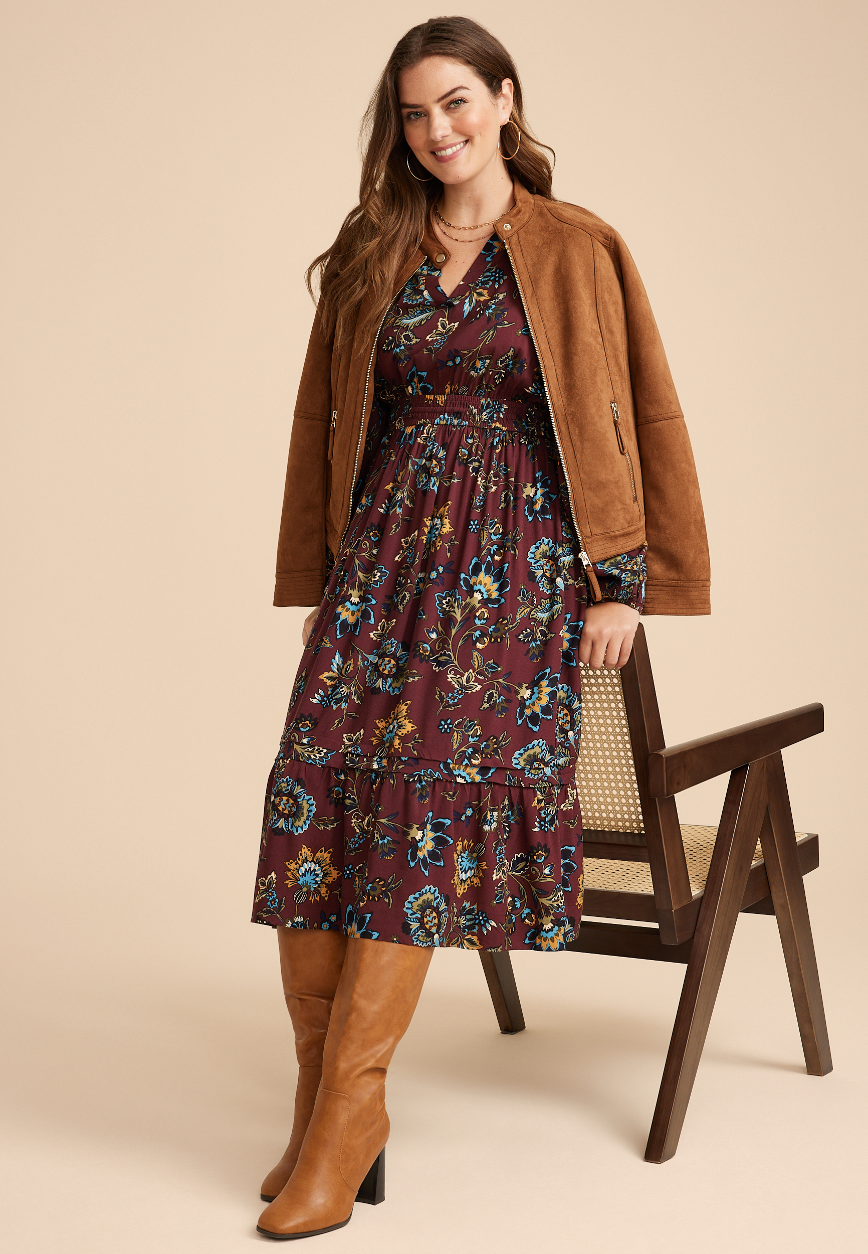 Floral Notch Neck Midi Dress, C9736, large