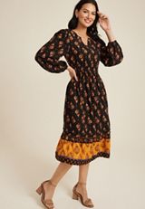 Floral Notch Neck Midi Dress, BLACK COMBO, small