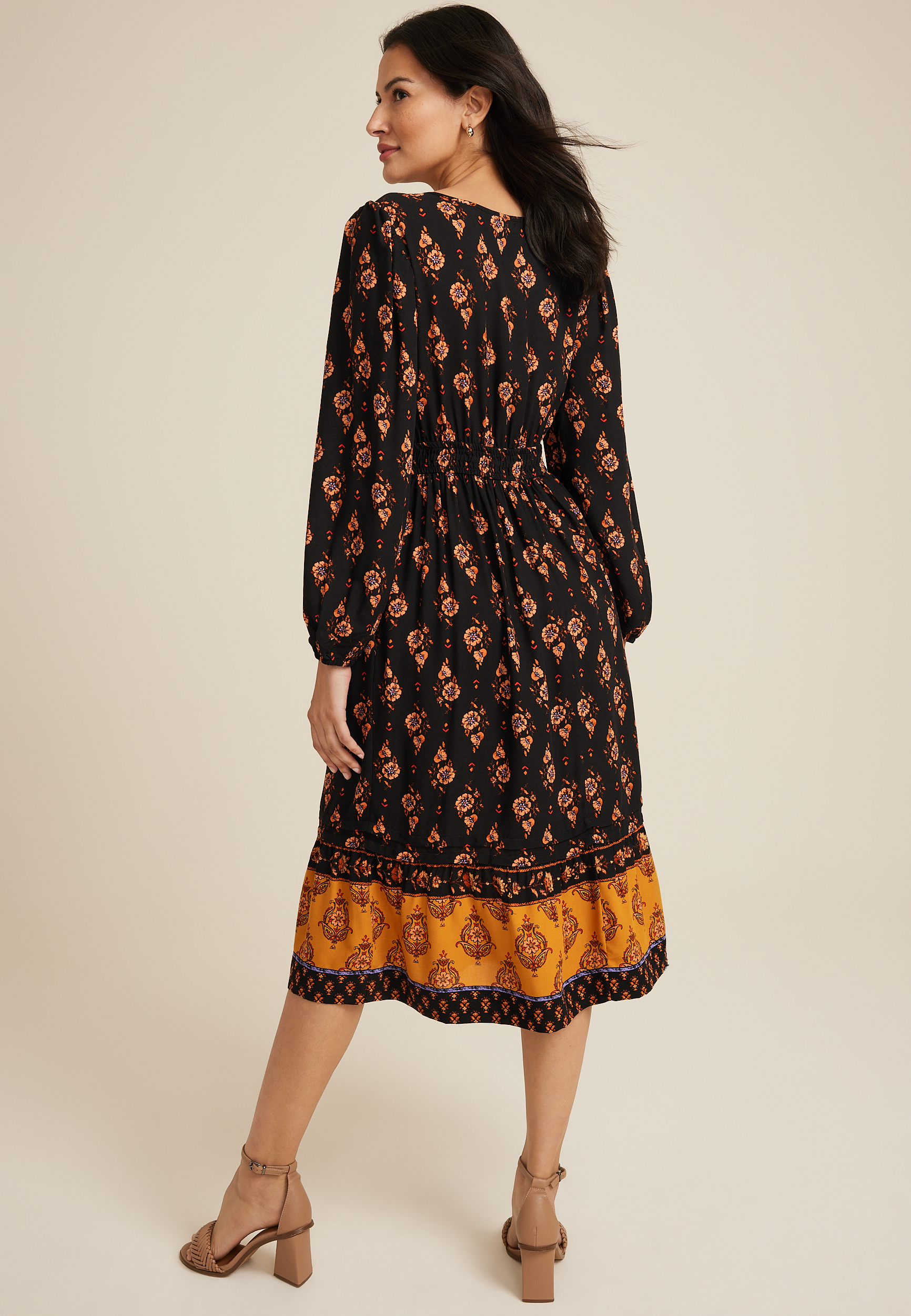 Floral Notch Neck Midi Dress, BLACK COMBO, large