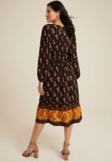 Floral Notch Neck Midi Dress, BLACK COMBO, small
