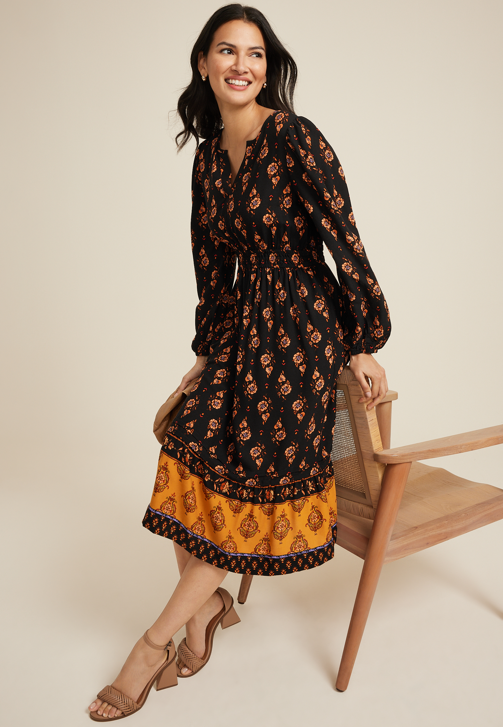 Floral Notch Neck Midi Dress, BLACK COMBO, large