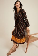 Floral Notch Neck Midi Dress, BLACK COMBO, small
