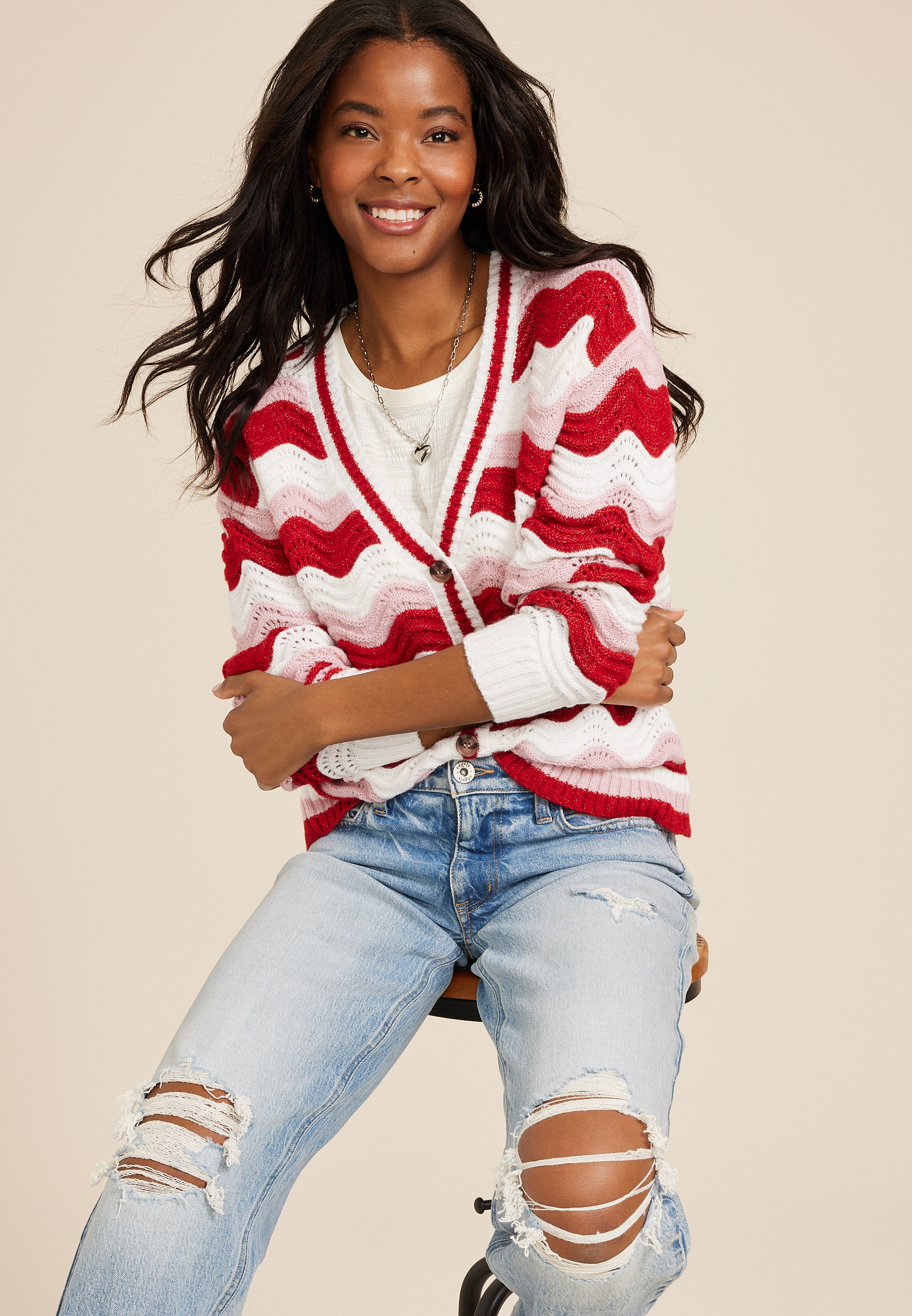 Wavy Striped Knit Cardigan, C4731, large