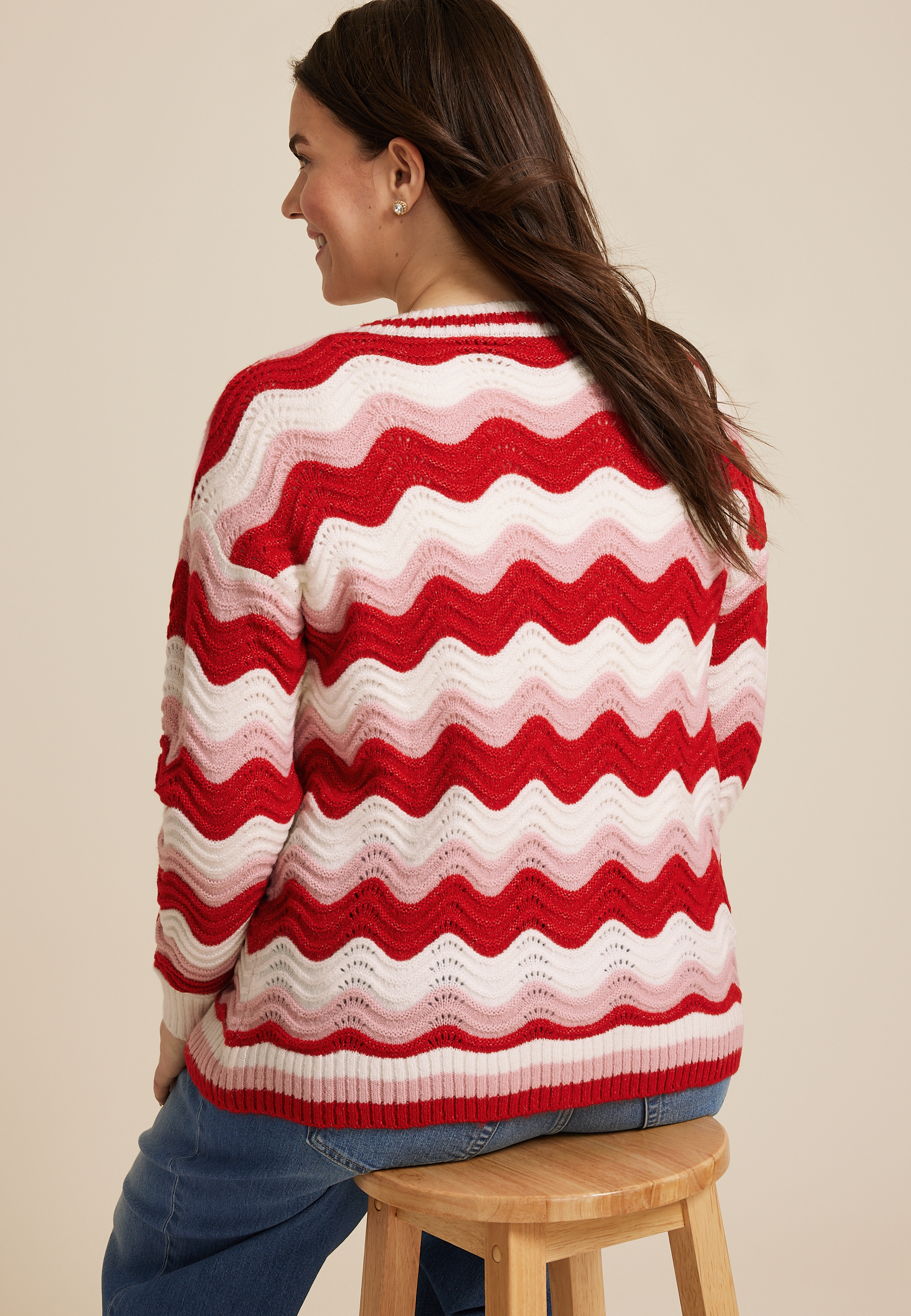 Plus Size Wavy Striped Knit Cardigan, PINK COMBO, large