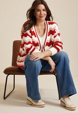Plus Size Wavy Striped Knit Cardigan, PINK COMBO, small