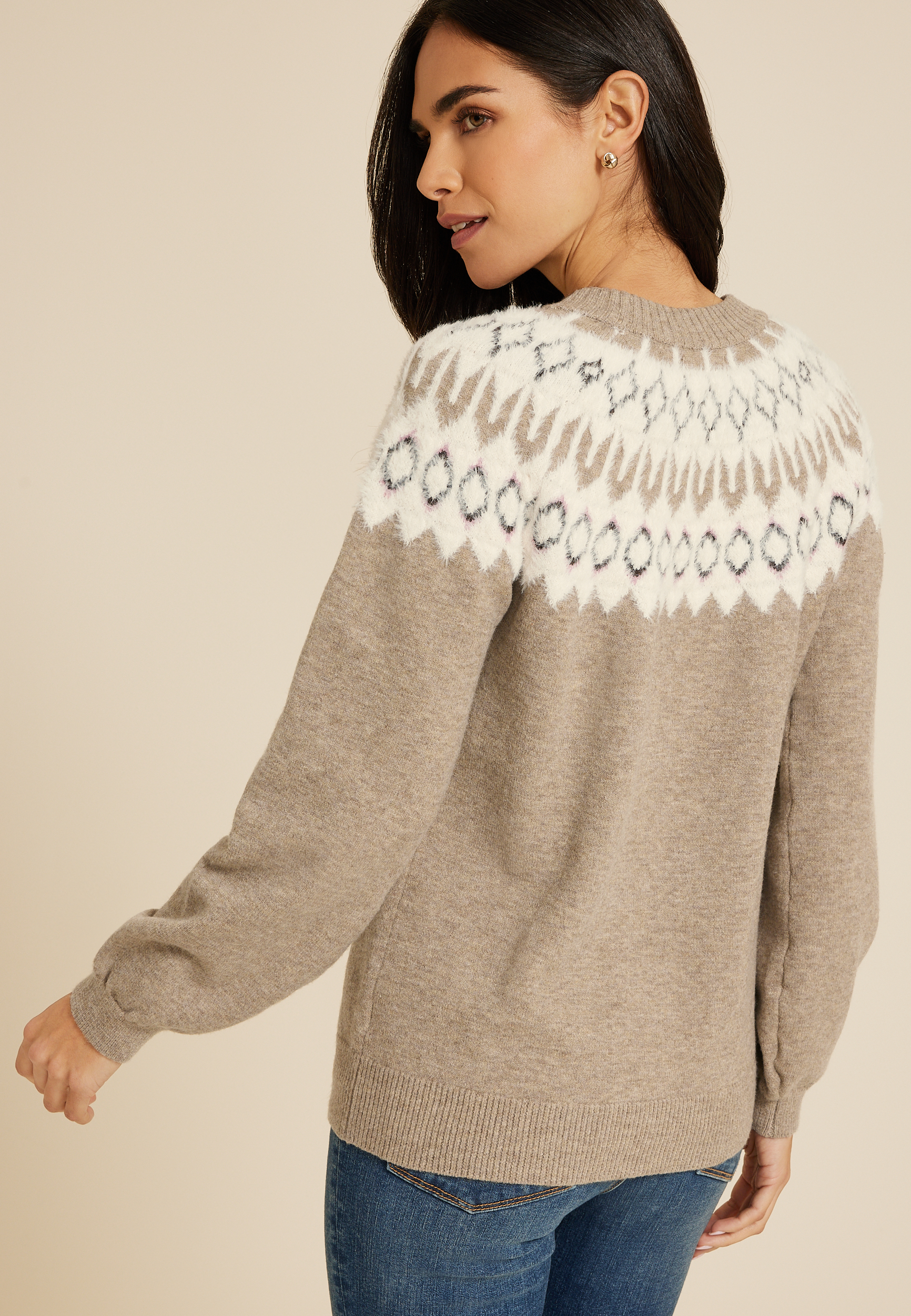 Fair Isle Eyelash Crew Neck Sweater, C9817, large