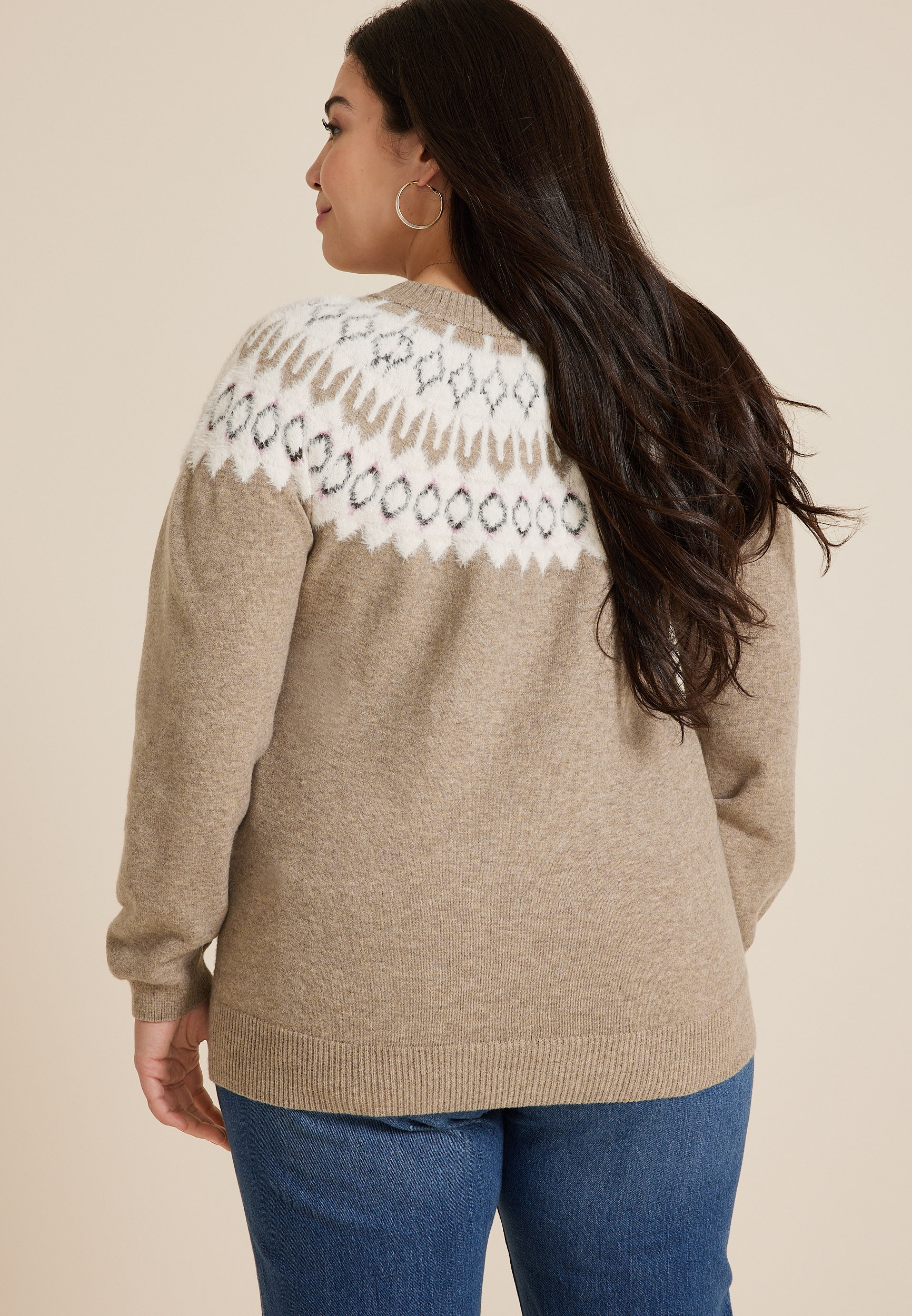 Plus Size Fair Isle Eyelash Crew Neck Sweater, C9817, large