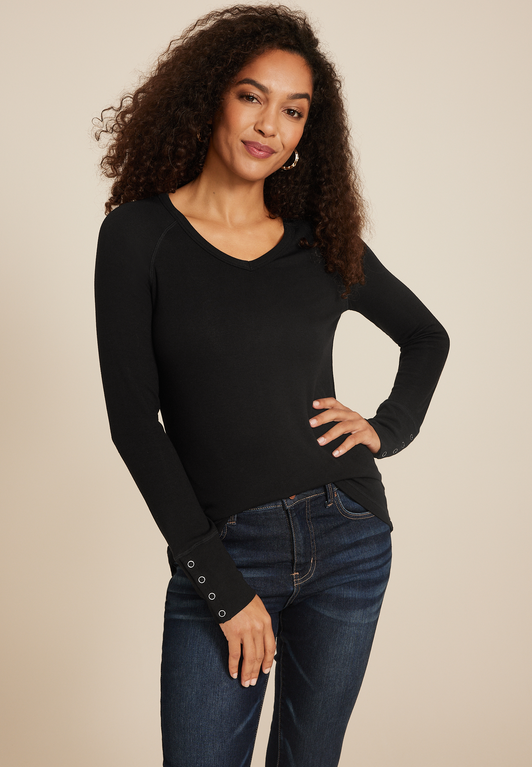 Cozy Ribbed Snap Cuff V Neck Long Sleeve Tee