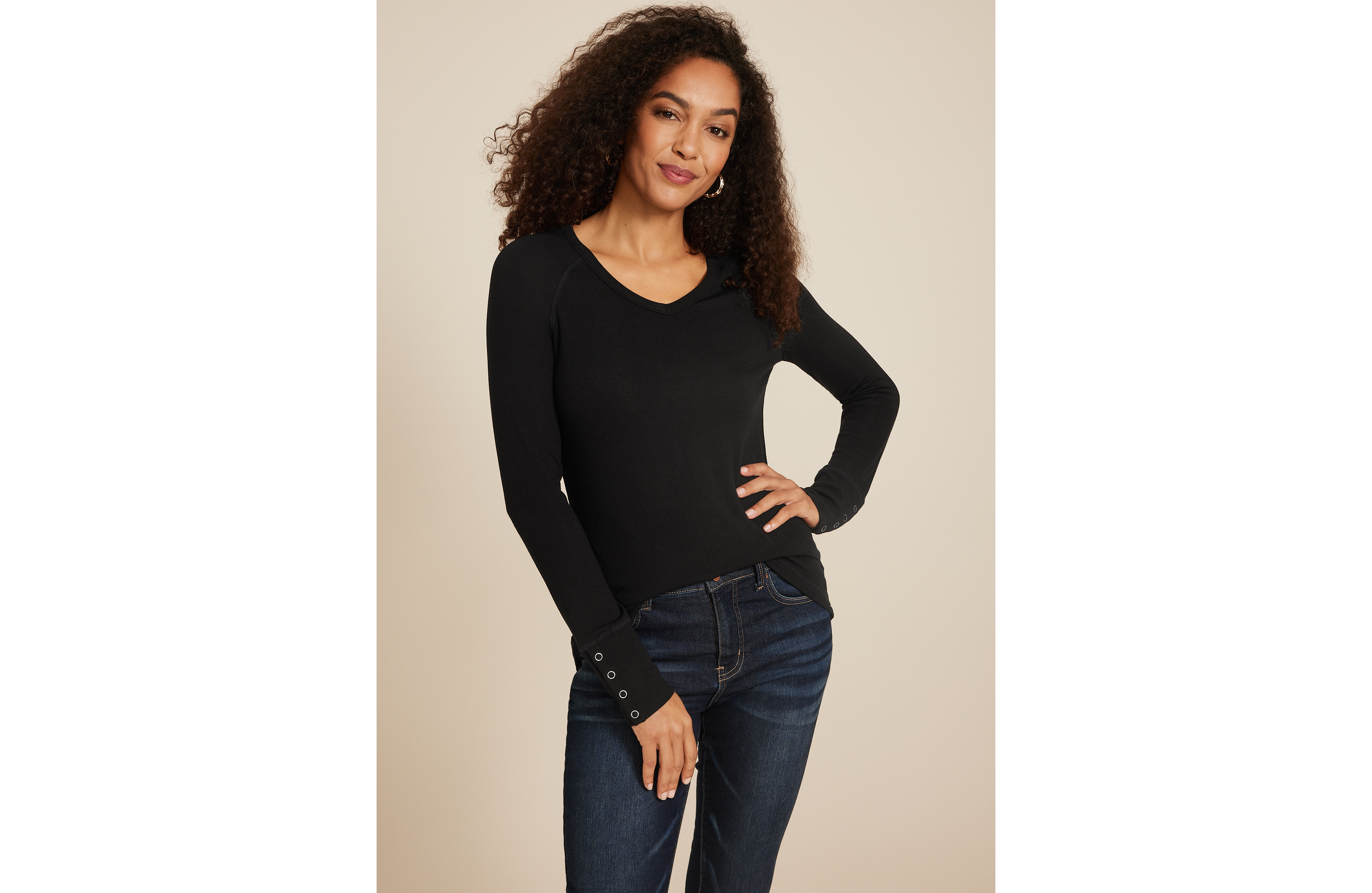 Cozy Ribbed Snap Cuff V Neck Long Sleeve Tee