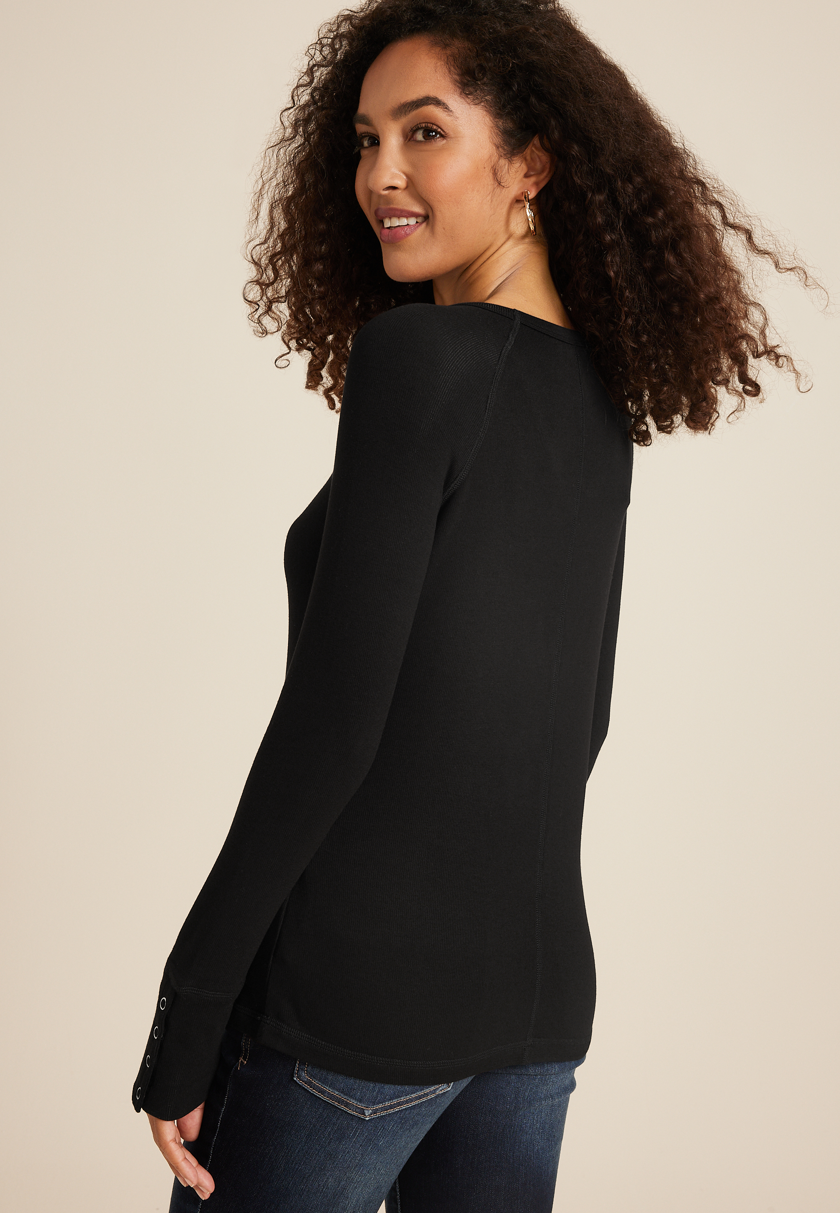 Cozy Ribbed Snap Cuff V Neck Long Sleeve Tee
