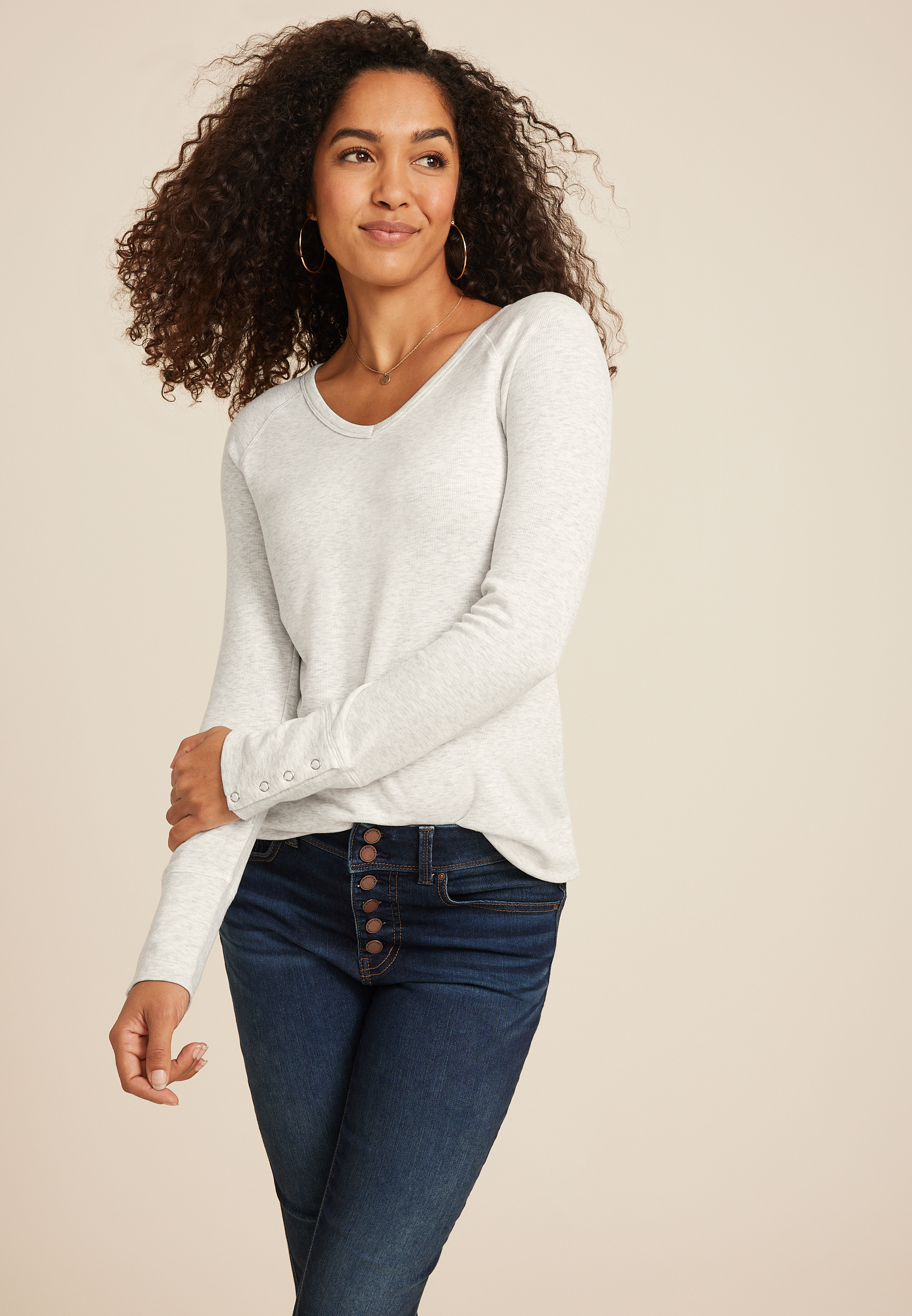 Cozy Ribbed Snap Cuff V Neck Long Sleeve Tee