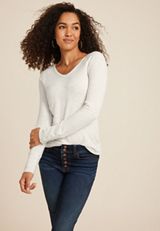 Cozy Ribbed Snap Cuff V Neck Long Sleeve Tee, C3348, small