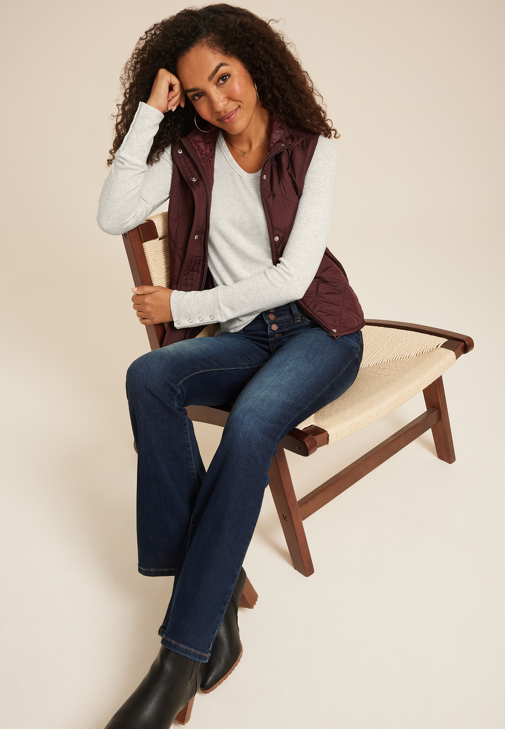 Cozy Ribbed Snap Cuff V Neck Long Sleeve Tee, C3348, large