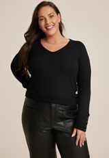 Plus Size Cozy Ribbed Snap Cuff V Neck Long Sleeve Tee, C106, small
