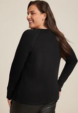 Plus Size Cozy Ribbed Snap Cuff V Neck Long Sleeve Tee, C106, small