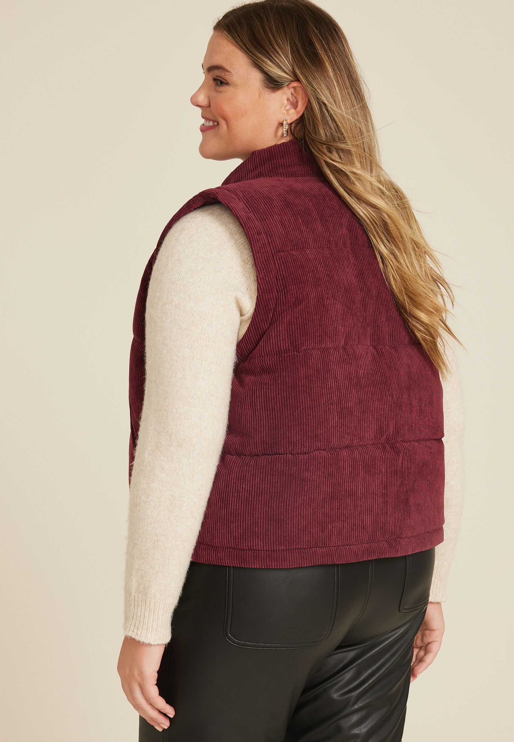 Plus Size Corduroy Puffer Vest, BROWN RUBY, large