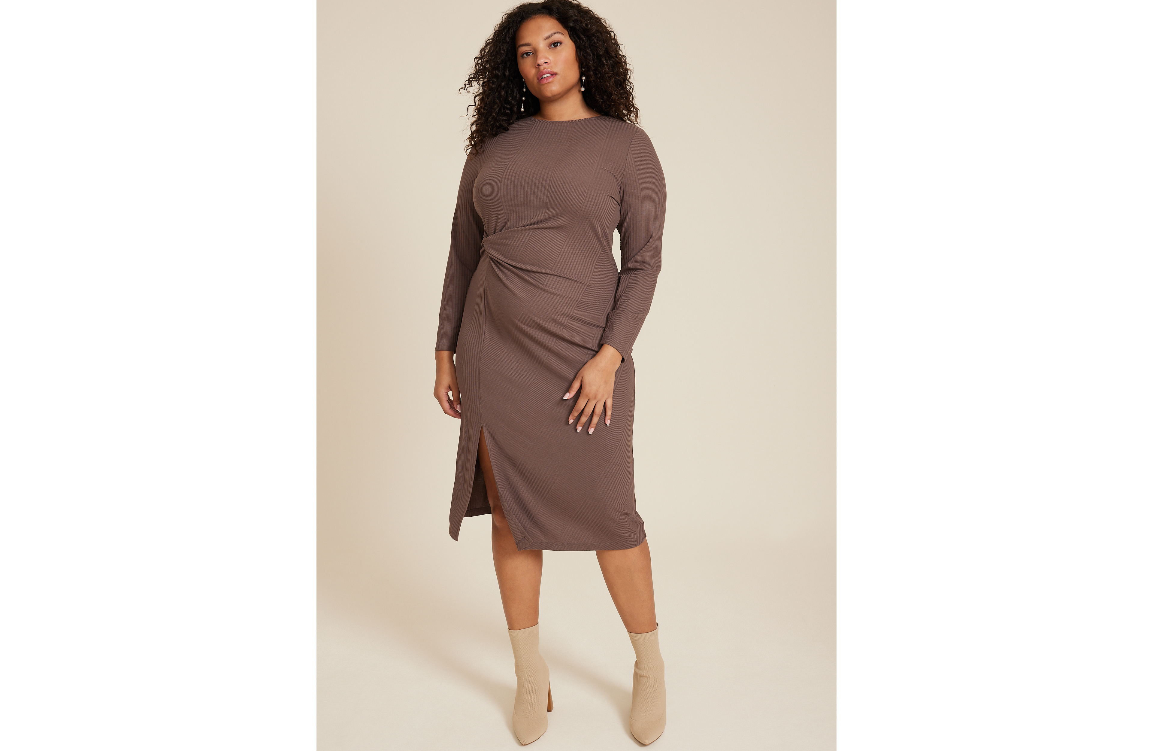Plus 24/7 Knot Front Long Sleeve Midi Dress