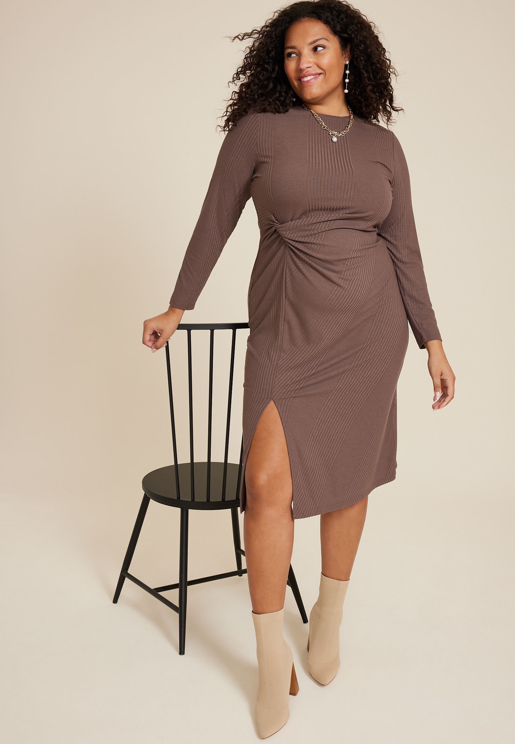 Plus Size 24/7 Knot Front Long Sleeve Midi Dress, C6002, large