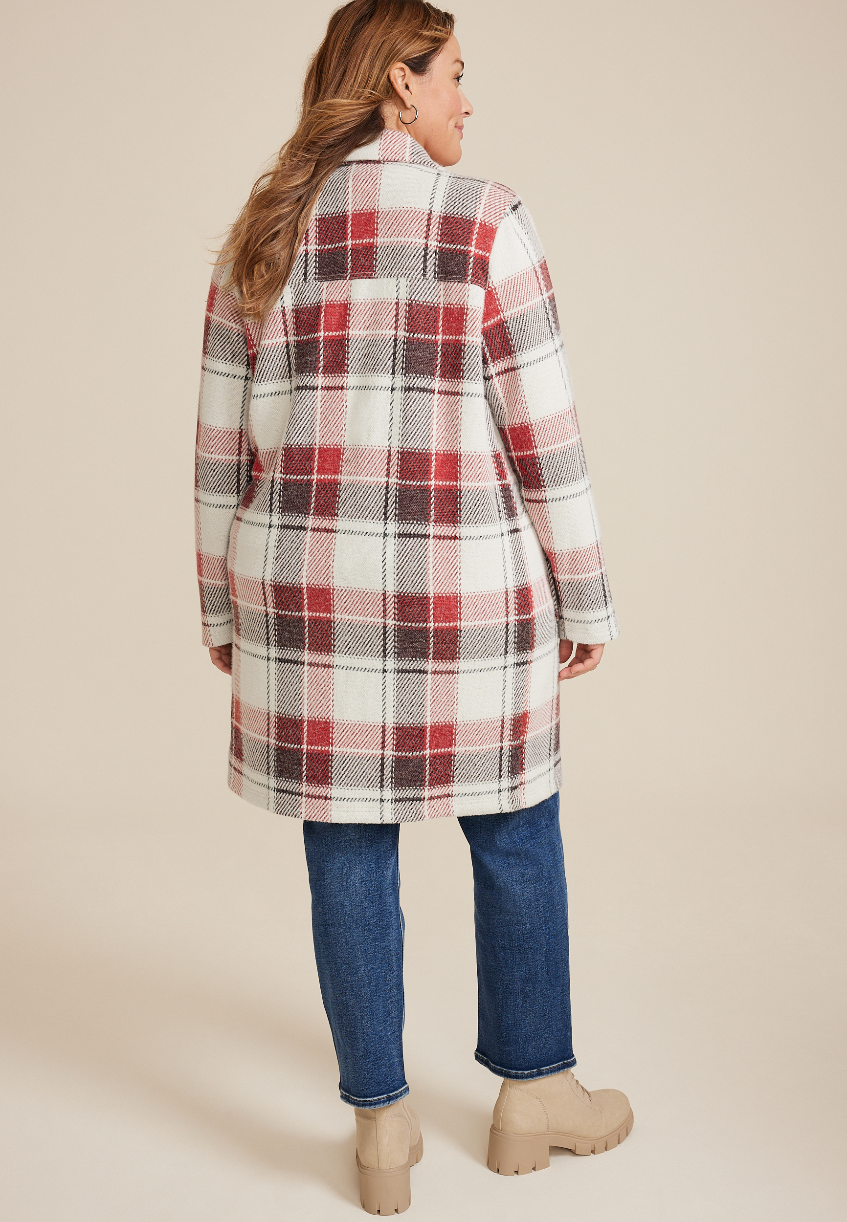 Plus Size Plaid Longline Coatigan, C7044, large
