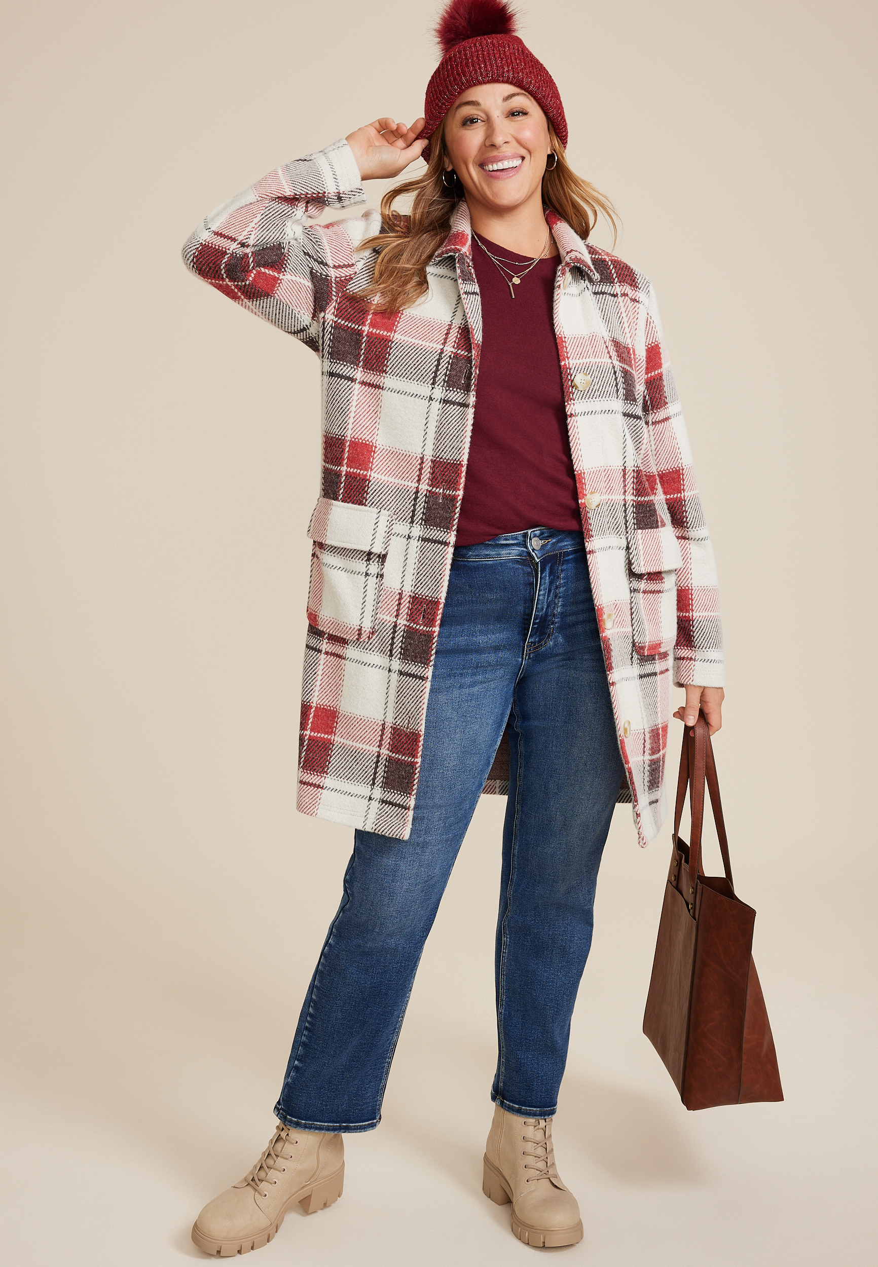 Plus Size Plaid Longline Coatigan, C7044, large