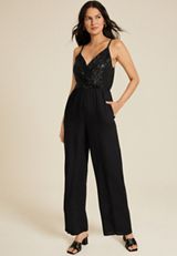 Sequin V Neck Wide Leg Jumpsuit, BLACK, small
