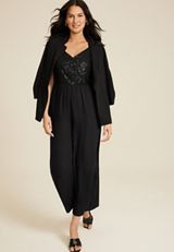 Sequin V Neck Wide Leg Jumpsuit, BLACK, small