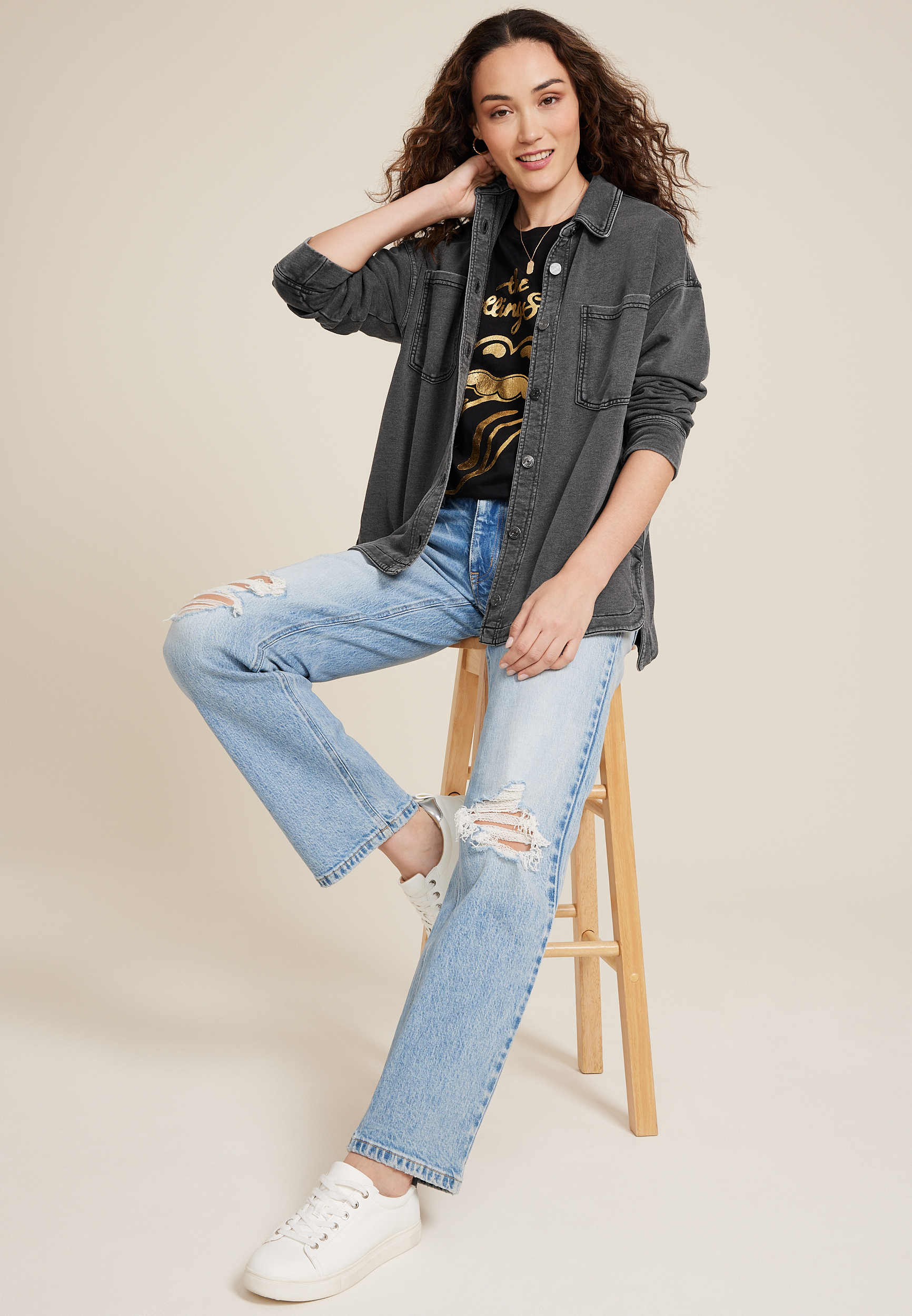 Washed Knit Denim Shacket, C6530, large