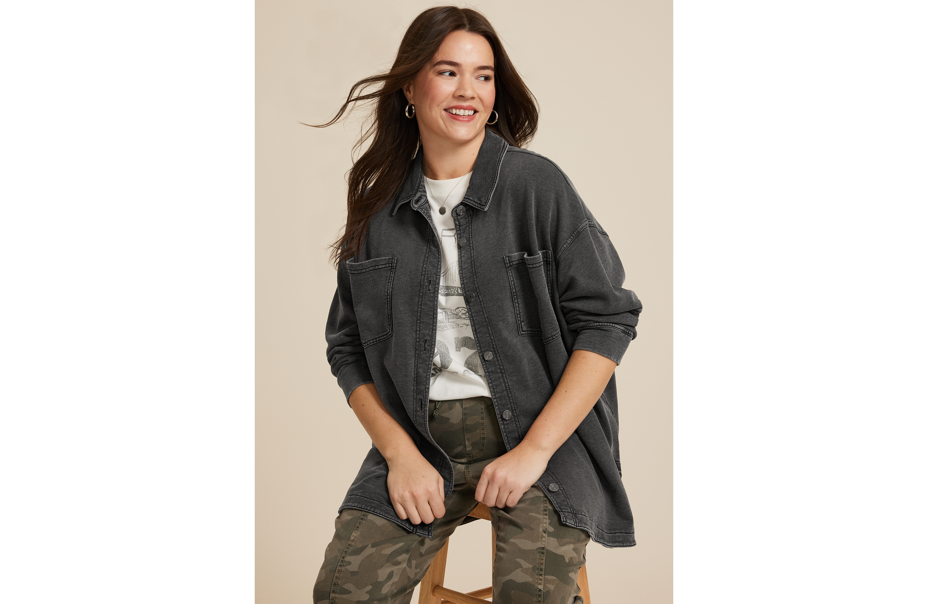 Plus Washed Knit Denim Shacket