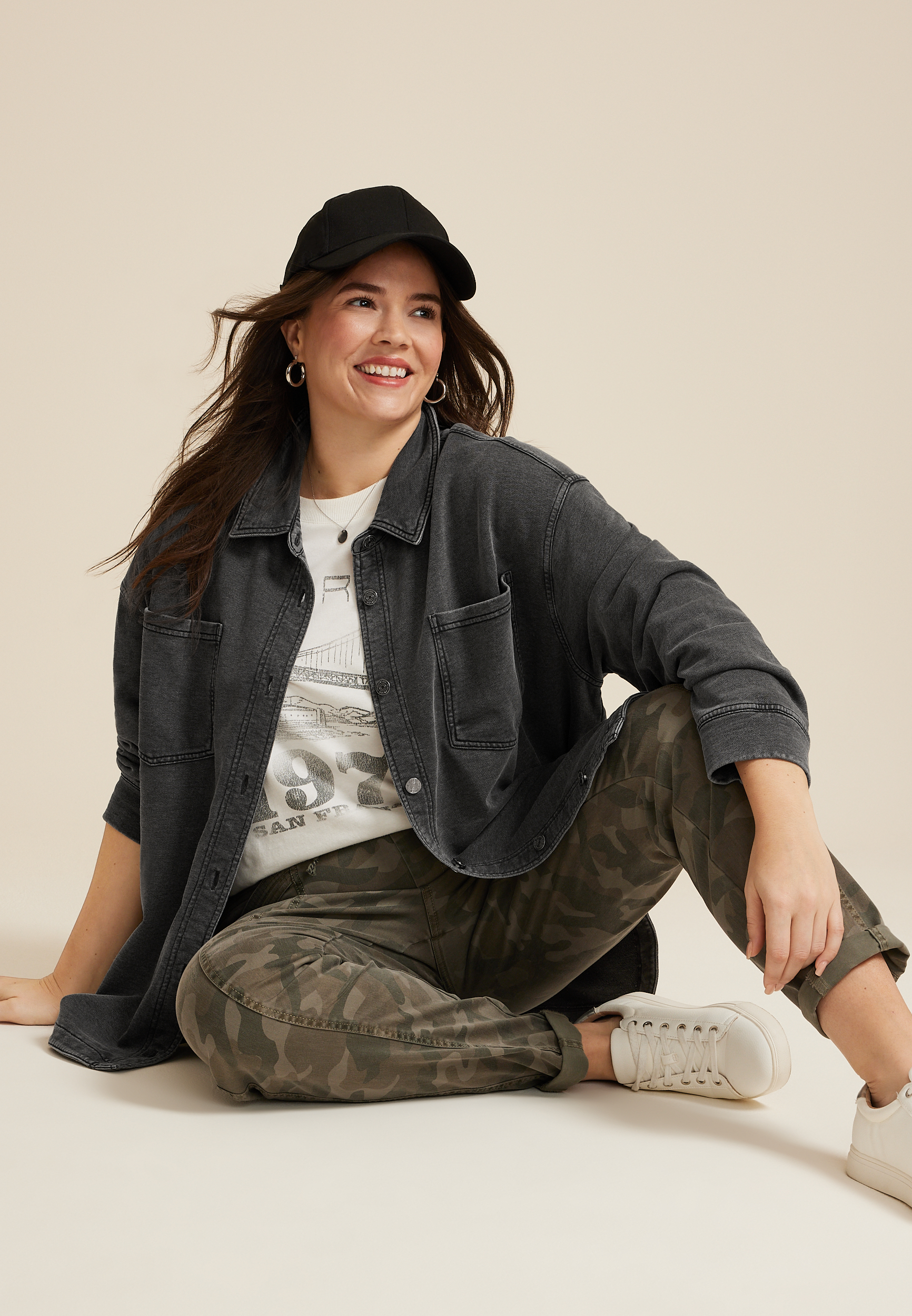 Plus Washed Knit Denim Shacket